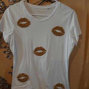GUESS White Tee with Gold Glitter Lip Appliqués